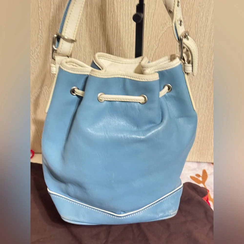 Vintage COACH Blue & White Leather Mini Bucket Drawstring Crossbody Shoulder Bag